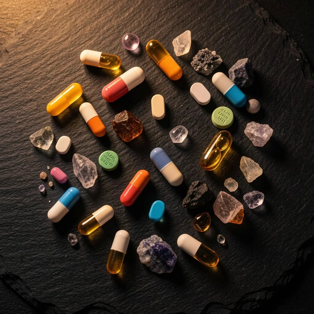 Assorted vitamin capsules and minerals on dark slate